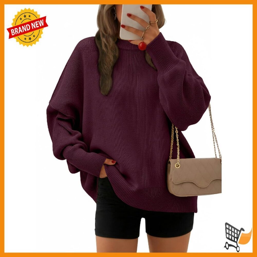 Oversized Crewneck Pullover Sweater Batwing Sleeves Cozy Fall